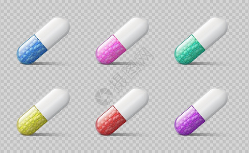 各种药片彩色医用胶囊现实的三维药品和治疗物质的颗粒病媒隔离说明保健药物具有透明背景的维生素药片不同彩色医疗现实的三维药品病媒保健图片