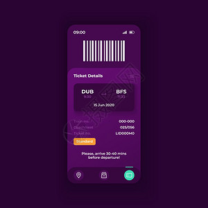 智能手机界面矢量模板移动应用程序页面黑暗主题设计布局电子票信息屏幕用于应程序的平面详情见电话显示图片