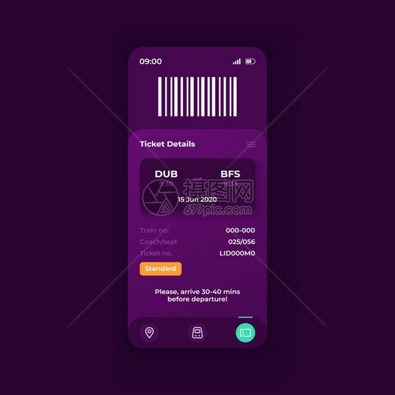 智能手机界面矢量模板移动应用程序页面黑暗主题设计布局电子票信息屏幕用于应程序的平面详情见电话显示图片