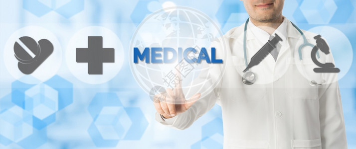 医学概念医生在学上指点有图标显示药丸十字医学和院实验室研究的符号以蓝色抽象背景进行图片