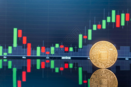 最初的硬币和数字货投资概念实物金属数字硬币背景中包含蓝色全球贸易汇率市场价格图表图片