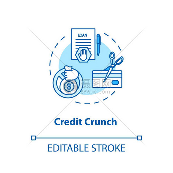 信用紧缩概念图标银行危机金融问题概念细线插图货币贷款可用下降投资损失矢量孤立大纲rgb彩色图画可编辑的中风图片