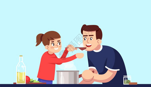 四神汤家庭成员一起做饭父母亲和孩子一起吃热菜在蓝背景上孤立的卡通
