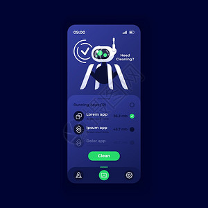 设备存储更清洁应用程序的智能手机界面矢量模板移动应用程序页面黑暗主题设计布局备生产率提高屏幕用于应程序的平面ui电话显示图片