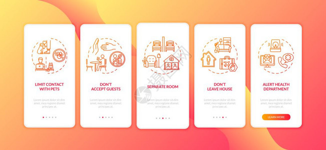 装有概念的移动应用程序页面屏幕上的自孤立和卫生提示不离开家行走5步图形指示配有rgb颜色插图的ui矢量模板图片