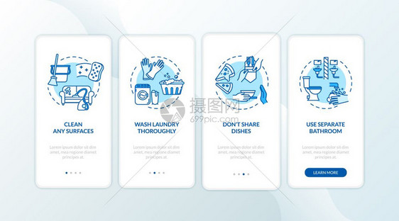 包含概念的移动应用程序页面屏幕上的家庭咨询清洁表面彻底洗横穿四步的图形指示ui矢量模板配有rgb颜色插图图片