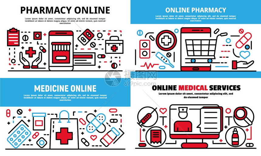 在线药房横幅设置概要设置在线药房矢量横幅为网页设计网上药店横幅设置轮廓样式图片