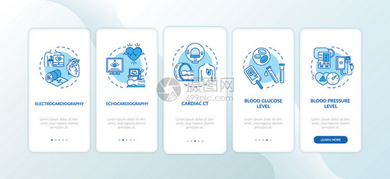 带概念的移动应用程序页面屏幕上的心脏筛查医疗检反响心电图通过5步形指示配有rgb颜色插图的ui矢量模板装有概念的移动应用程序页面图片