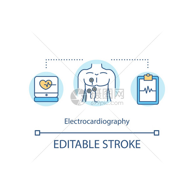心电动图概念标筛查概念薄线插图心率和节奏监测体检矢量孤立大纲rgb彩色绘图可编辑中风心电图概念标图片