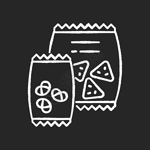 薯片一包黑背景的粉白小吃图标袋中的薯片咸饼干垃圾食品不健康的零食