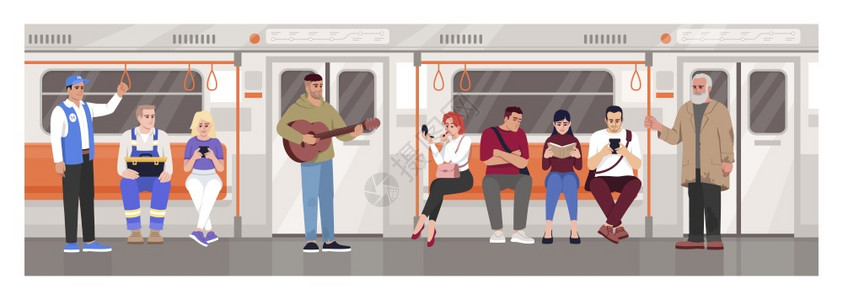 公共交通人员每天与地下火车快速交通公共场所吉他手地铁电车2d卡通字符用于商业途地铁人群半公寓矢量图背景图片