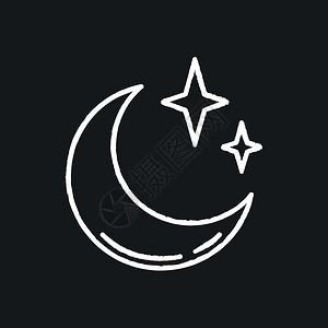 度预测月亮半有闪恒星孤立矢量黑白板插图黑背景上的明夜粉白图标插画