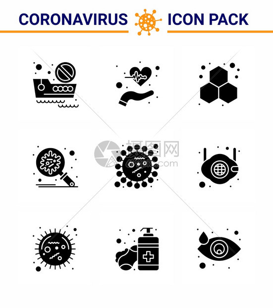 用于9个固体胶质黑包如扩散保护脉搏冠状科学冠状2019NV病媒设计元素等的活成像9个固体胶质黑包的共生19个图标图片