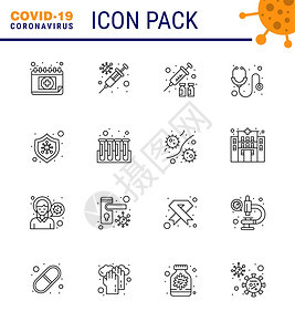 16条直线冠状疾和预防媒图标保护听诊器流感医疗保健共冠2019Nov病媒设计要素图片