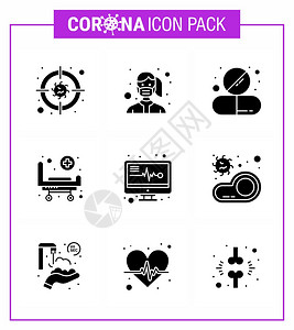 9个固体胶状黑冠covid19图标包如轮床穿戴纹理药丸冠状2019NV病媒设计元素图片