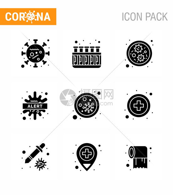 9个固体胶状黑光冠图标包如细菌疾病实验室细菌2019年传病媒介设计元素等图片