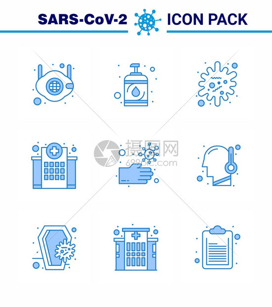 9个蓝图标冠状流感相关内容如护理医院消毒剂保健感染冠状2019NV病媒设计要素图片