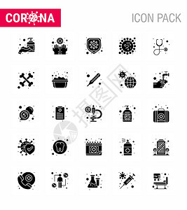 Corna2019年和流行病25个固态淋巴图标包如诊断疾covid细菌冠状2019Nov病媒设计要素图片