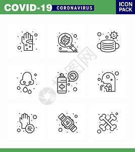 为投影过敏防护安全蒙面冠状2019NV病媒设计要素等9行插图包设定的共生19个图标图片