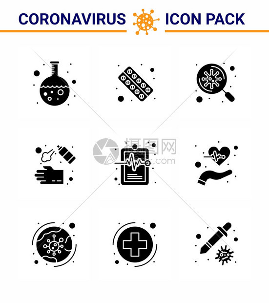 9个固态玻璃黑色图标组如肥皂清洁医药人工喷洒冠状2019NV病媒设计元件图片