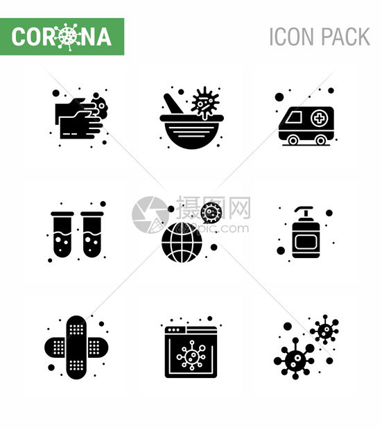 全世界9个固态玻璃黑图标包测试管疫苗血液测试运输冠状2019Ncov2019Ncov图片