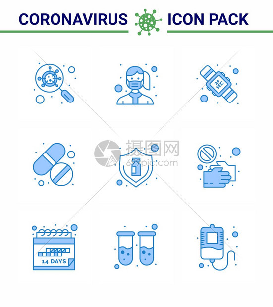 9个蓝色图标包流感平板磨损避孕药清洗冠状2019Ncov图片