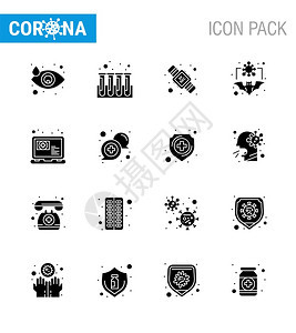 16套固晶黑的冠状流行图标如医疗流感手卫生冠状2019NV型冠状蝙蝠2019NV型传病媒介设计元素图片