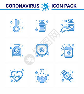 9个蓝色图标包如安全医疗手瓶胶囊冠状2019年和流行病9个蓝色图标包如安全瓶子2019年传病媒介设计要素图片