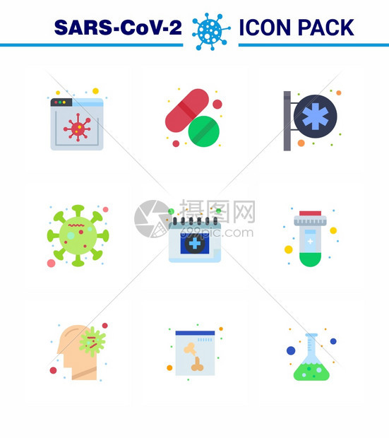 9个扁冠状大流行媒图解医疗预约院招牌流行病传播毒冠状2019Nov病媒设计要素图片