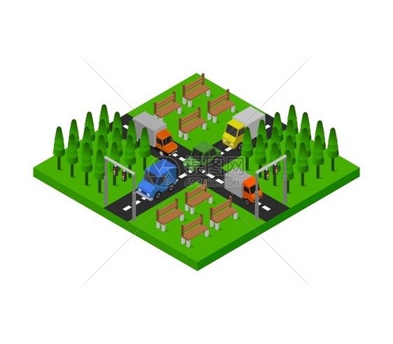 汽车行驶绿色十字路口平面设计图图片