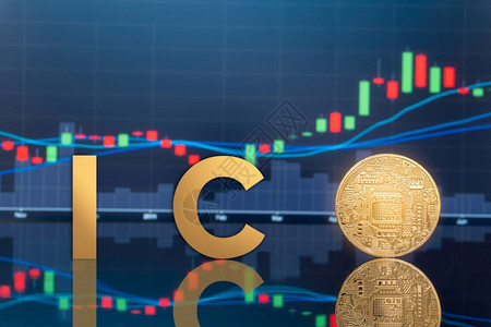 最初的硬币和数字象征投资概念实物金属数字硬币背景中为蓝色全球贸易交所市场价格图表图片