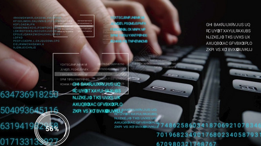 从事膝上型计算机键盘工作的男子该键盘配有图形用户界面全息图显示大数据科技字网络连接和计算机编程法的概念图片