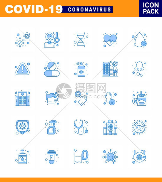 25个蓝包如血液脉搏疾病心脏基因组冠状2019NV病媒设计元素为25个蓝包设定了共生19个图标图片
