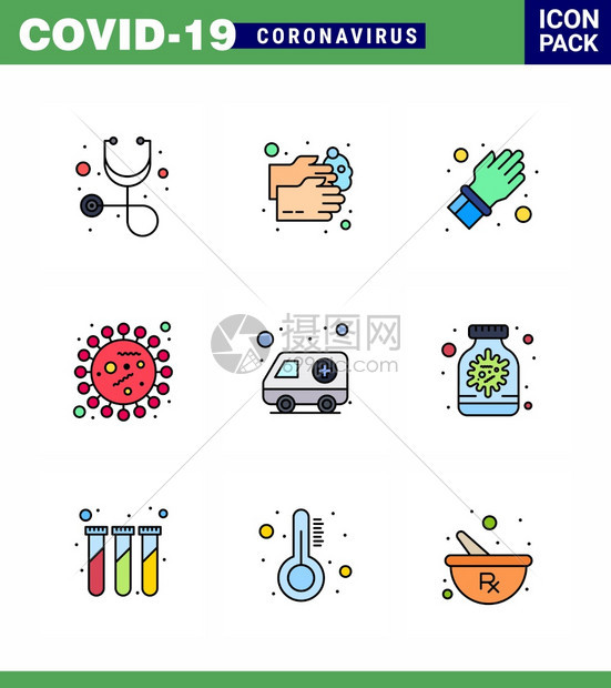 冠状9以流行病为主题的填充线状平面颜色图标包括救护车手套covid细菌冠状2019Nov病媒设计要素等图标图片