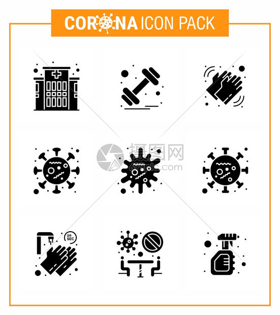 共9个固胶黑图标组如疾病流行医疗疾冠状2019NV病媒设计元素图片