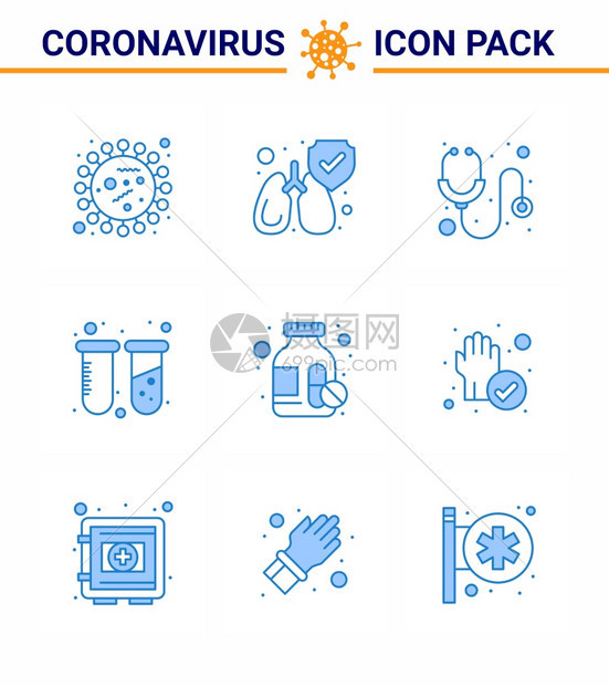 9个蓝色图标如药瓶实验室保健输管化学共冠2019Nov病媒设计要素图片