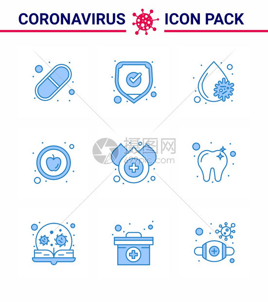 9个蓝冠状大流行媒图解水血液健康苹果共冠状2019Nov病媒设计要素图片
