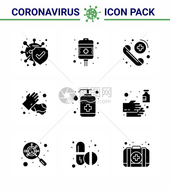 9个固体甘蓝黑冠状流行图标包吸手洗涤呼叫医疗肥皂冠状2019NV病媒设计要素图片