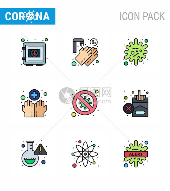 与细菌医疗20秒卫生感染冠状2019NV病媒设计要素等有关联的9个填充直线平面彩色图标冠状流感图片
