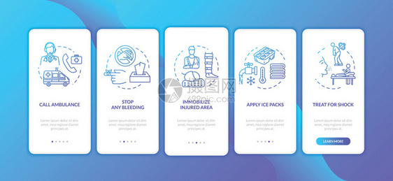 在手机应用程序页面屏幕上提供创伤急救害治疗类型通过五步图示指ui矢量模板配有rgb颜色插图在移动应用程序页面屏幕上提供创伤急救配图片