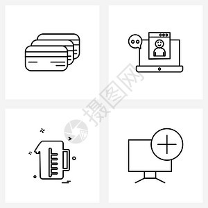 现代风格包括4行象形图网格信用卡饮料笔记本电脑互联网矢量图示图片
