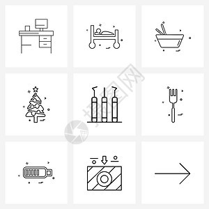 现代风格由9行象形网组成的9行象形图牙医圣诞节庆祝活动医院圣诞节碗矢量插图图片