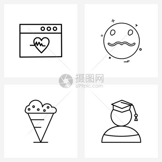现代风格由基于医疗冰淇淋心跳情感锥形矢量插图的4条线象形网组成图片