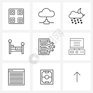 现代风格由9行象形图网格文档睡眠降雪室内床矢量图示组成的现代风格图片