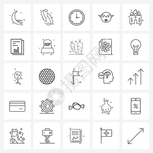 寺庙僧湖面夜由寺庙宗教银行恐怖幽灵矢量说明的25行符号组成的一套25