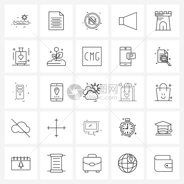 现代风格由25行象形图网格包组成防御不城堡音乐矢量插图图片