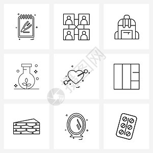 用于心脏爱包科学生态矢量插图的9条线符号集图片