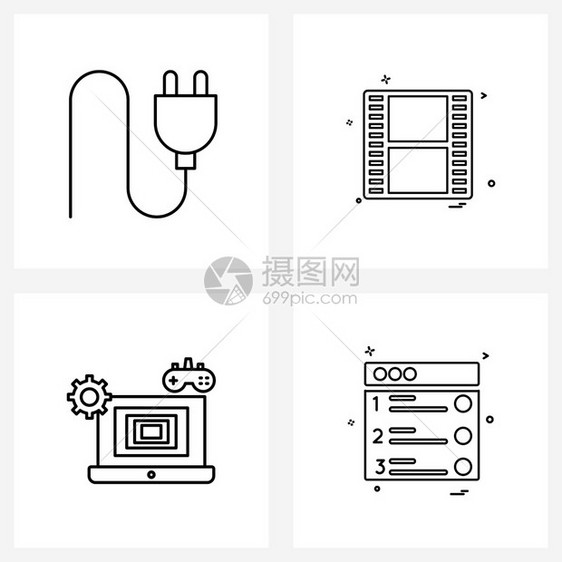 插头渔具胶片媒体网站矢量插图的4条线符号集图片