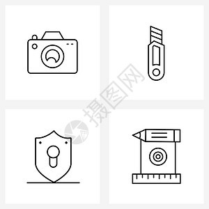 4条线符号集用于照相机保护刀铅笔矢量图示图片