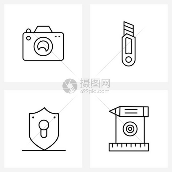 4条线符号集用于照相机保护刀铅笔矢量图示图片